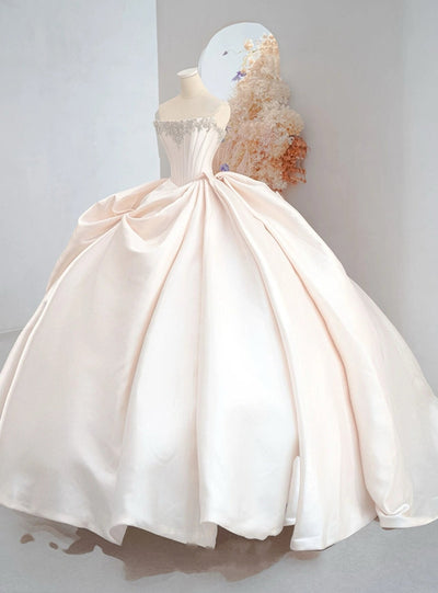 Ivory Satin Strapless Pleats Wedding Dress