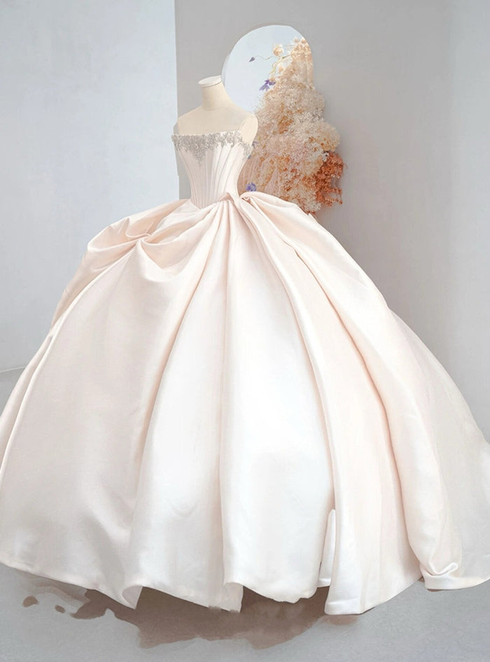 Ivory Satin Strapless Pleats Wedding Dress