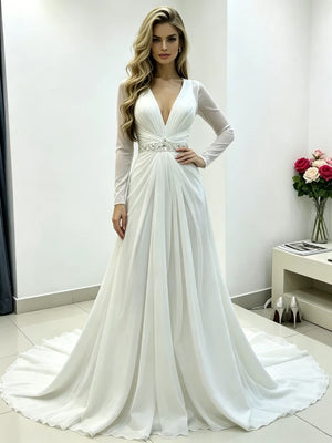 White Chiffon V-neck Pleats Beading Wedding Dress