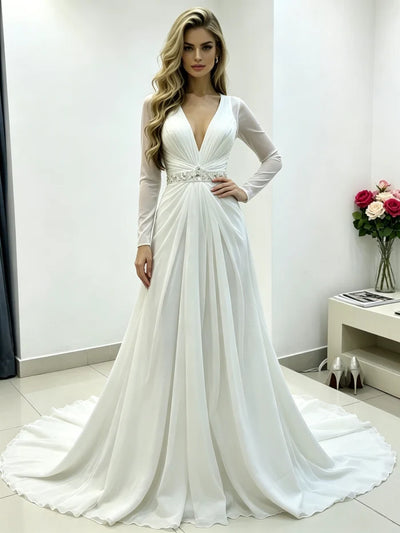 White Chiffon V-neck Pleats Beading Wedding Dress