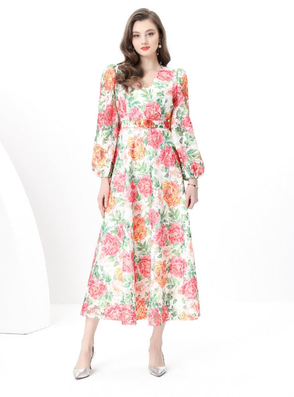 Retro Lace V-neck Long Printed Dress