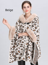 Loose Leopard Print Hooded Knitted Cloak Shawl Coat