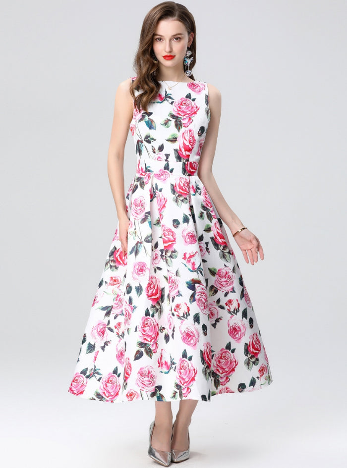 Retro Slim Waist Sleeveless Printed Dress