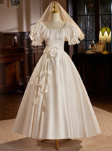 Vintage Satin Lace Puff Sleeve Wedding Dress