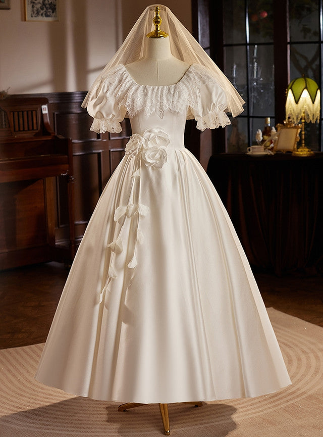 Vintage Satin Lace Puff Sleeve Wedding Dress
