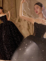 Black Sequins Strapless Beading Prom Dress