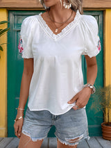 Embroidered V-neck White Shirt