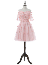 Pink Lace Short Sleeve Flower Homecoming Dress