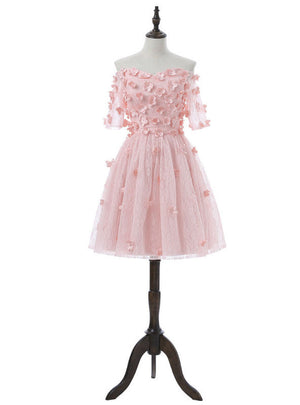 Pink Lace Short Sleeve Flower Homecoming Dress