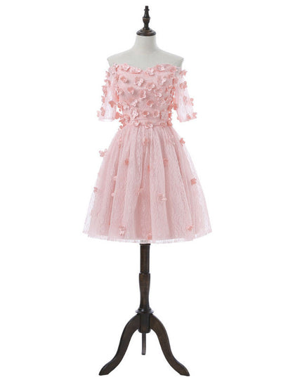 Pink Lace Short Sleeve Flower Homecoming Dress