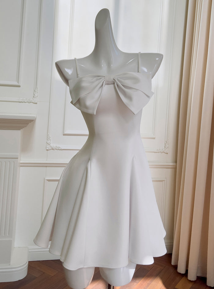 White Sling Bow Short Dress