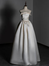 Ivory Satin Straps Pleats Wedding Dress