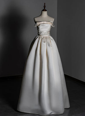 Ivory Satin Straps Pleats Wedding Dress
