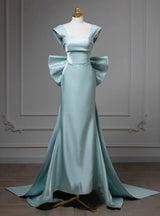 Blue Mermaid Satin Bow Prom Dress
