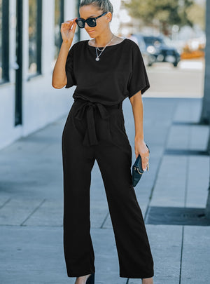 Solid Color Round Neck Short Sleeve Jumpsuit