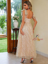 Champagne Tulle Sequins Split Prom Dress