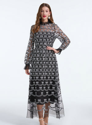 Embroidered Beaded Banquet Long Sleeve Dress
