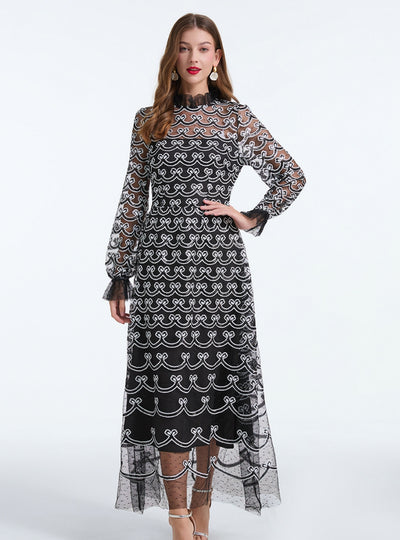 Embroidered Beaded Banquet Long Sleeve Dress