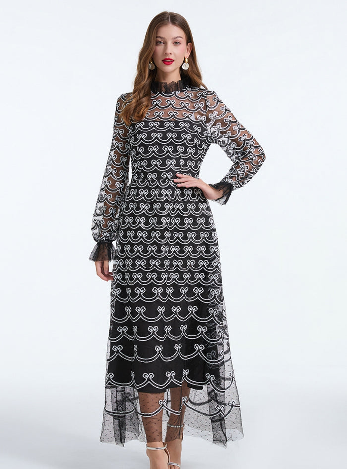 Embroidered Beaded Banquet Long Sleeve Dress