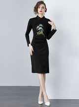 Beaded Tassel Landscape Embroidery Slim Dress