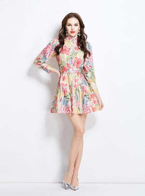 Lantern Sleeve Button Printed Short Dress