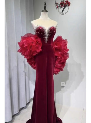 Burgundy Velvet Pearls Prom Dress