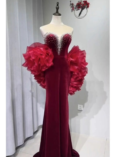 Burgundy Velvet Pearls Prom Dress