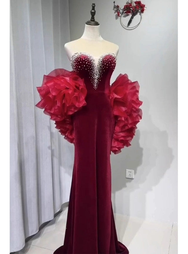 Burgundy Velvet Pearls Prom Dress