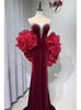 Burgundy Velvet Pearls Prom Dress