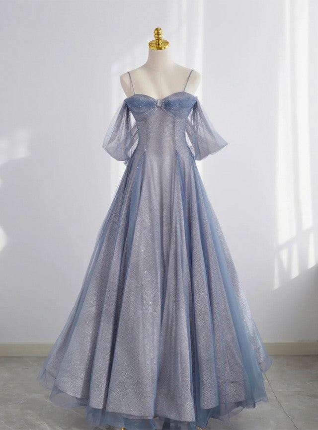 Blue Tulle Sequins Pleats Straps Beading Prom Dress