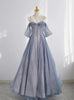 Blue Tulle Sequins Pleats Straps Beading Prom Dress