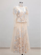 Champagne Long Sleeve Tulle Prom Dress