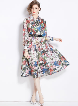 Lace Collar Butterfly Print Long Sleeve Cotton Dress