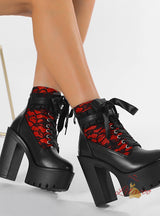 Lace Color Matching Zipper Retro Thick Heel Booties