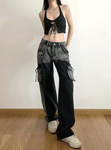 Loose Straight Tie-dyed Metal Button Pocket Jeans