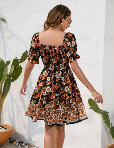 Bohemian Floral Print Short Sleeve Dress