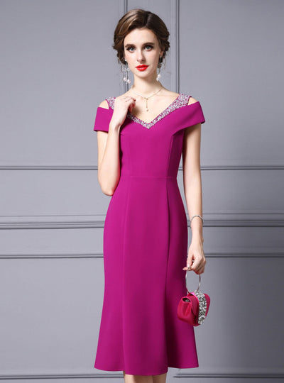 Burgundy V-neck Beading Mother Of The Bride Dress