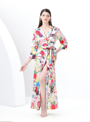 Retro V-neck Long Sleeve Printed Dress