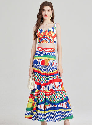 Printed Splicing Top +Skirt Two-piece Set