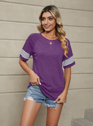 Striped Stitching Loose Round Neck Short Sleeve T-shirt