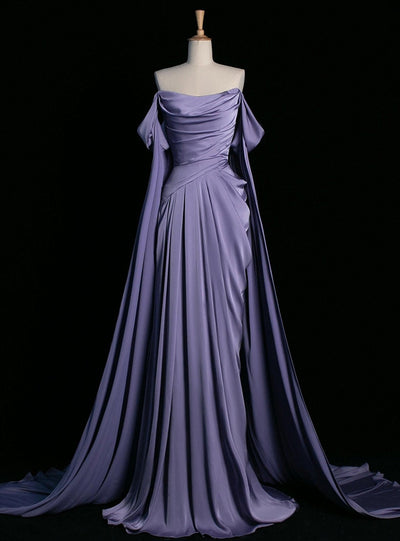 A-Line Purple Off the Shoulder Pleats Prom Dress