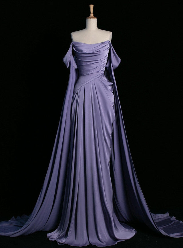 A-Line Purple Off the Shoulder Pleats Prom Dress