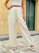 Button High Waist Solid Color Casual Straight Pants