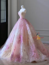 Pink Ball Gown Tulle Strapless Flower Prom Dress