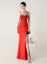 Mermaid Spaghetti Straps Appliques Split Prom Dress
