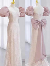 Pink Sequins Puff Sleeve Bow Prom Dress