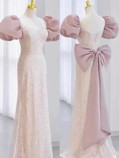 Pink Sequins Puff Sleeve Bow Prom Dress