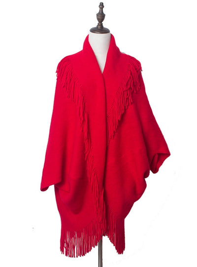 Cardigan Fringed Red Sweater Bat Sleeve Shawl Coat