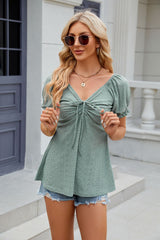 Solid Color V-neck Short Sleeve Loose T-shirt