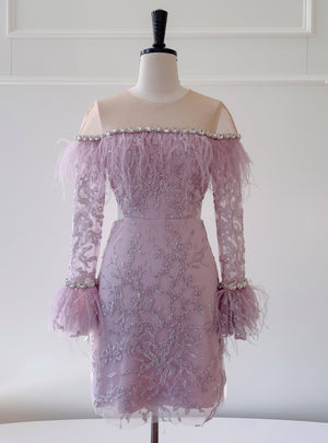 Purple Long Sleeve Lace Beading Short Prom Dress